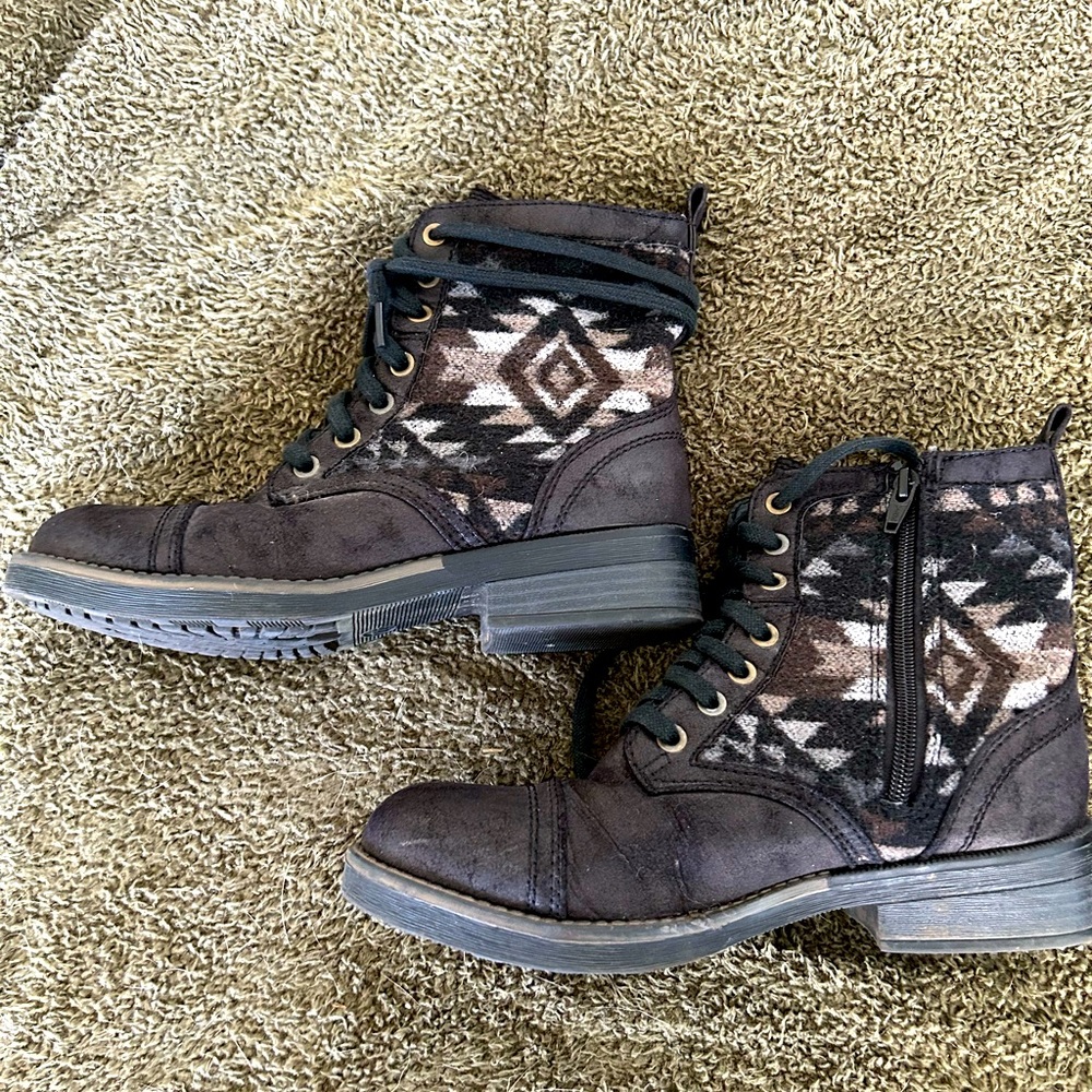 Women’s black combat boots with fabric Aztec design from Target. Size 7.5.